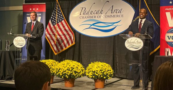 The Paducah debate was the first time gubernatorial candidates Andy Beshear, left, and Daniel Cameron shared a stage and were asked questions at the same time. They spoke to an audience of more than 600 people. (Kentucky Lantern photo by McKenna Horsley)