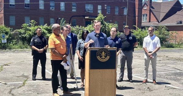 Gov. Andy Beshear speaks at a press conference on Friday, July 5, 2024 on a recent tornado in Louisville before addressing his recent meeting with President Joe Biden a couple days before. (Kentucky Public Radio photo by Sylvia Goodman)