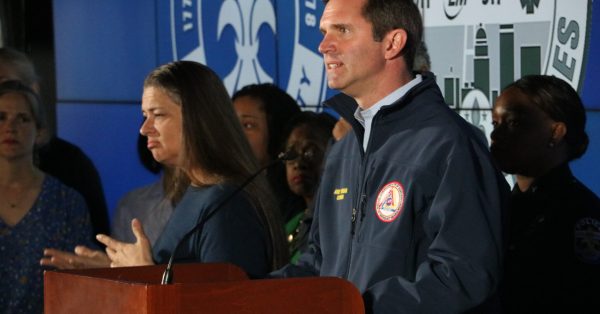 Gov. Andy Beshear spoke at afternoon briefing. (Kentucky Lantern photo by Liam Niemeyer)