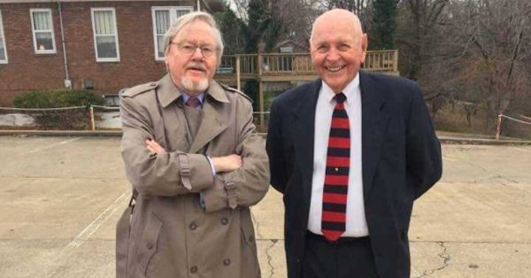 Journalist C. Ray Hall (left) during a visit to his hometown of Cadiz in 2016 with David Shore, former Trigg County Hospital administrator who also served as executive director of Pennyrile Area Development District. (Photo by James Redd)