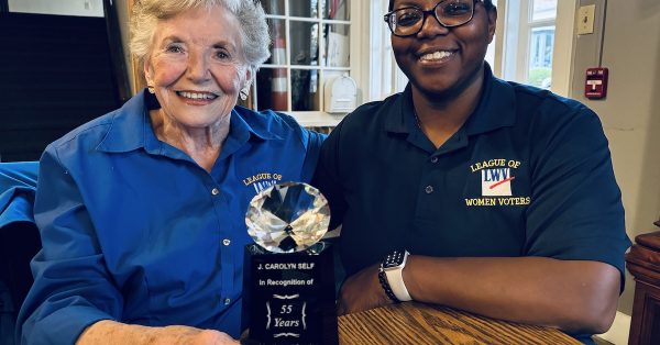 Carolyn Self, a member of the Hopkinsville League of Women Voters for 55 years, received an award in recognition of her dedicated service, during a league meeting Monday, July 8, 2024, at The Corner Coffeehouse. League president Nikki Chambers posed with Self for a photo after the meeting. (Hoptown Chronicle photo by Jennifer P. Brown)