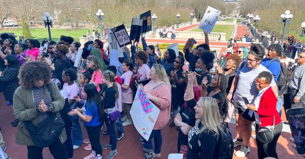 Supporters of the CROWN Act rally outside the Kentucky Capitol. (Kentucky Lantern photo by McKenna Horsley)