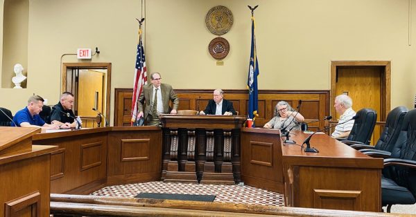 The Christian County Board of Elections wraps up a meeting following a closed session to discuss litigation on Thursday, May 26, 2022, at the county courthouse. (Photo by Jennifer P. Brown)