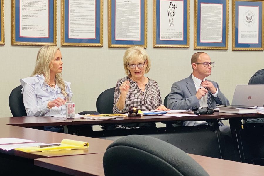 Susan Fernandez, who chairs the Hopkinsville Board of Ethics, is flanked by City Clerk Brittany Byrum and ethics board attorney Michael Cotthoff during a board meeting Wednesday at the Hopkinsville Municipal Center. (Hoptown Chronicle photo by Jennifer P. Brown)