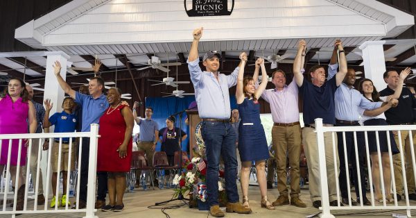 Democrat and Republican candidates thank the crowd after the 143rd Fancy Farm Picnic on Saturday, Aug. 5, 2023. (Kentucky Lantern photo by Austin Anthony)