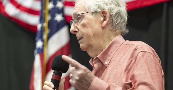 Senator Mitch McConnell speaks on Saturday, Aug. 3, 2024, during the Graves County Republican Breakfast. (Austin Anthony for the Kentucky Lantern)