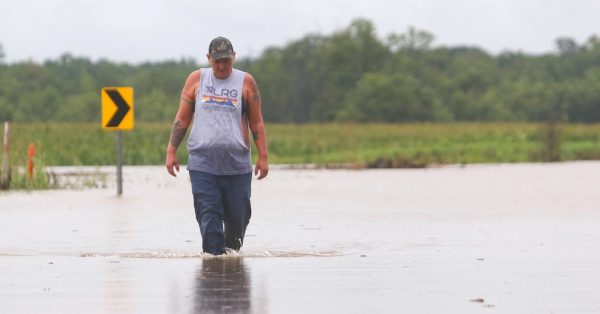 Jordan King, of Nashville, Tennessee, wades through water on U.S. 45 in Graves County on July 19 determine how deep the water is and whether her car would be able to make it through it. Ultimately, King decided to turn around and try an alternate route. (WKMS photo by Hannah Saad)