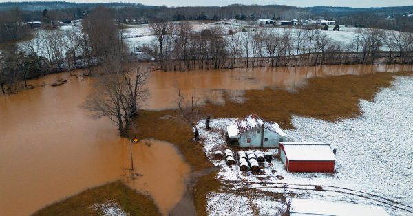 The flooded Bacon Creek in Hart County, Kentucky on Sunday, Feb. 16, 2025. (Austin Anthony for the Kentucky Lantern)