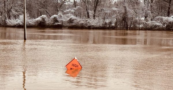 Little River overflowed its banks and by Sunday morning, Feb. 16, 2025, had nearly covered a "high water" warning sign in the middle of Old Clarksville Park next to Walgreens. (Hoptown Chronicle photo by Jennifer P. Brown)