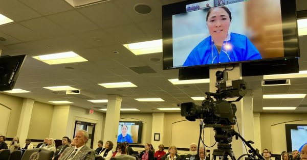 Dr. Cristina Perez, a pediatric dentist and the pediatric dental program director at the University of Kentucky, testifies on Thursday, Feb. 20, 2025, via Zoom in support of water fluoridation and against House Bill 16. (Kentucky Lantern photo by Sarah Ladd)