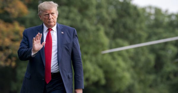 Former President Donald J. Trump disembarks Marine One on the South Lawn of the White House Wednesday evening, Aug. 21, 2019, returning from his trip to the American Veterans (AMVETS) 75th National Convention in Louisville, Kentucky. (Official White House Photo by Tia Dufour)