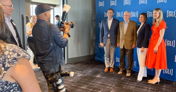 U.S. Senate Republican Leader Mitch McConnell takes photos with attendees of a Greater Louisville Inc. luncheon, Tuesday, June 25, 2024. (Kentucky Lantern photo by McKenna Horsley)