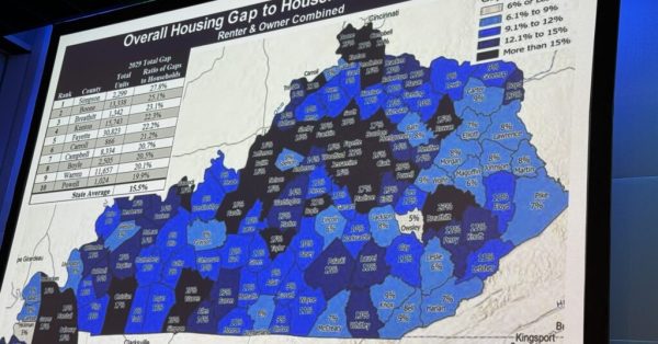 One of the slides from the presentation by Patrick Bowen, showing the number of needed housing units in each county as a percentage of the existing housing units. (Kentucky Lantern photo by Liam Niemeyer).