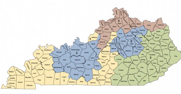 The boundaries of Kentucky’s six congressional districts, redrawn in 2022, are being challenged before the Kentucky Supreme Court, which will hear arguments in the case Sept. 19. Of special interest is what political scientist Stephen Voss calls the “Comer hook,” extending the 1st Congressional District from the Mississippi River to Frankfort. (Kentucky Legislative Research Commission image)