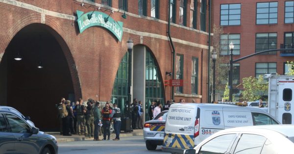 Six people were killed at a shooting Monday morning in downtown Louisville at Old National Bank. Eight others others, including a police officer, were taken to University Hospital, Louisville Metro Police reported. (Kentucky Lantern photo by Liam Niemeyer)