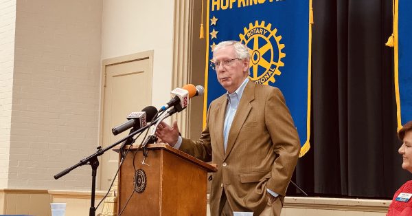 U.S. Sen. Mitch McConnell speaks to members and guests of the Hopkinsville Rotary Club on Tuesday, Aug. 27, 2024, at the Memorial Building. (Hoptown Chronicle photo by Jennifer P. Brown)