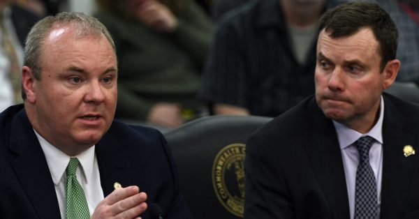 House Majority Whip Jason Nemes, R-Louisville, left, and Sen. Stephen West, R-Paris, present Senate Bill 47, a bill to legalize medicinal cannabis, before the House Licensing, Occupations and Administrative Regulations Committee, March 30, 2023. (Photo by LRC Public Information)