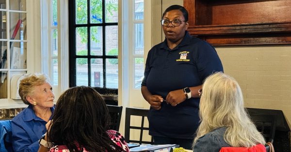 Nikki Chambers, president of the Hopkinsville League of Women Voters, speaks to members during a meeting Monday, July 8, 2024, at The Corner Coffeehouse. (Hoptown Chronicle photo by Jennifer P. Brown(