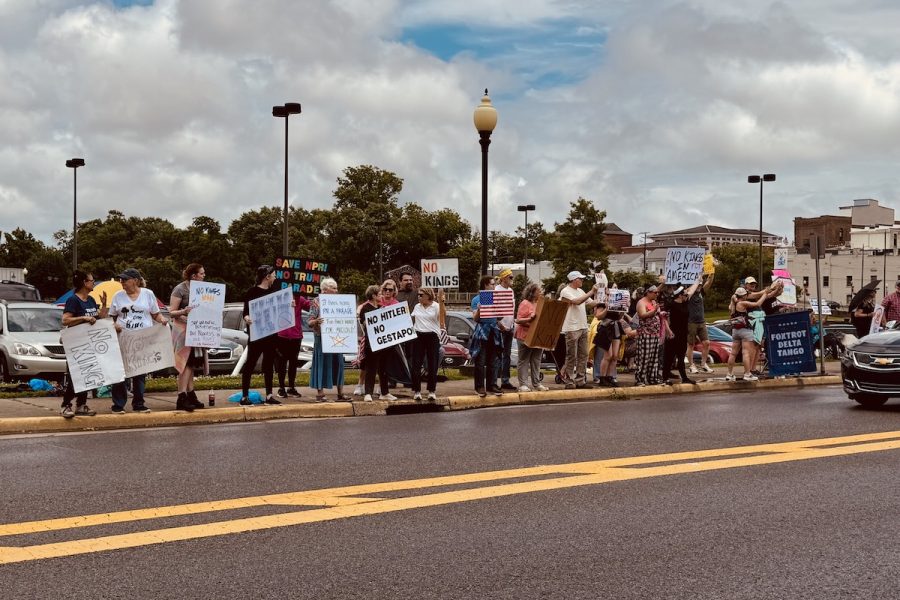 Protesters line West Ninth Street for the June 14, 2025, "No Kings" rally. Approximately 150 people joined the rally. (Hoptown Chronicle photo by Jennifer P. Brown)