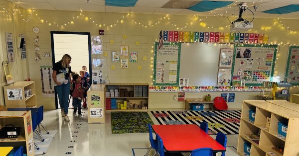 Students of Olivia Groom get their first look at their preschool classroom on Monday, Sept. 9, 2024, at the Dr. Martin Luther King Jr. Early Learning Center. (Hoptown Chronicle photo by Jennifer P. Brown)