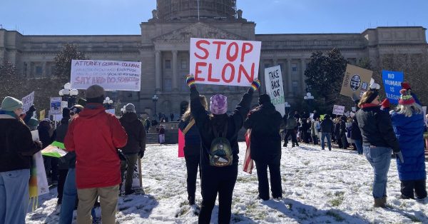 Anti-Trump protesters gather in front of the Kentucky Capitol for the second time in two weeks as part of the 50501 movement, Feb. 17, 2025. (Kentucky Lantern photo by Jamie Lucke)